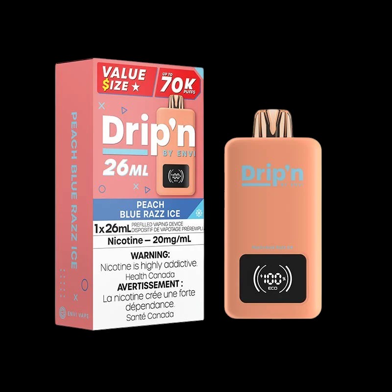 DRIP'N by Envi 26mL Disposable, Mango Peach Watermelon flavour, 20mg/mL nicotine, rechargeable disposable vape designed for smooth all-day vaping in Ontario and Quebec.
