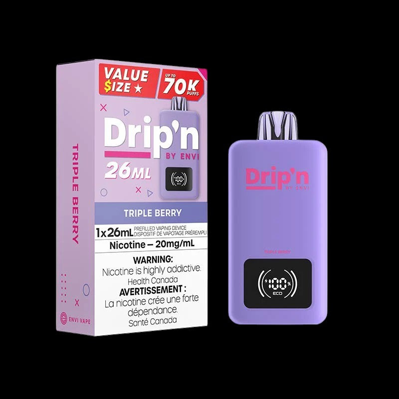 DRIP'N by Envi 26mL Disposable, Grape Ice flavour, smooth 20mg/mL nicotine delivery, dual power modes for tailored vaping experience, convenient disposable vape for Ontario and Quebec users.