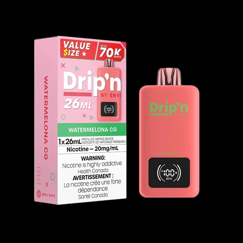DRIP'N by Envi 26mL Disposable Blue Razz flavour vape, 20mg/mL nicotine, dual power modes, USB-C rechargeable battery, convenient flavorful vaping for Ontario and Quebec users.