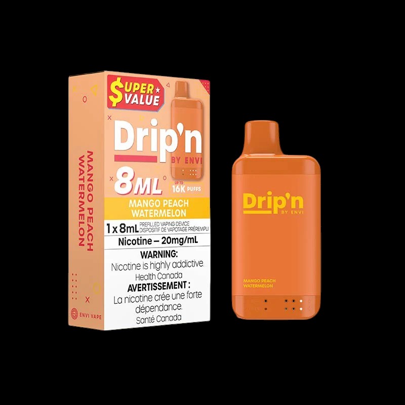 DRIP'N by Envi 8mL Disposable, Peach Blue Razz Ice flavour, disposable vape with up to 16,000 puffs, adjustable airflow, rechargeable battery, designed for reliable performance in Ontario and Quebec.