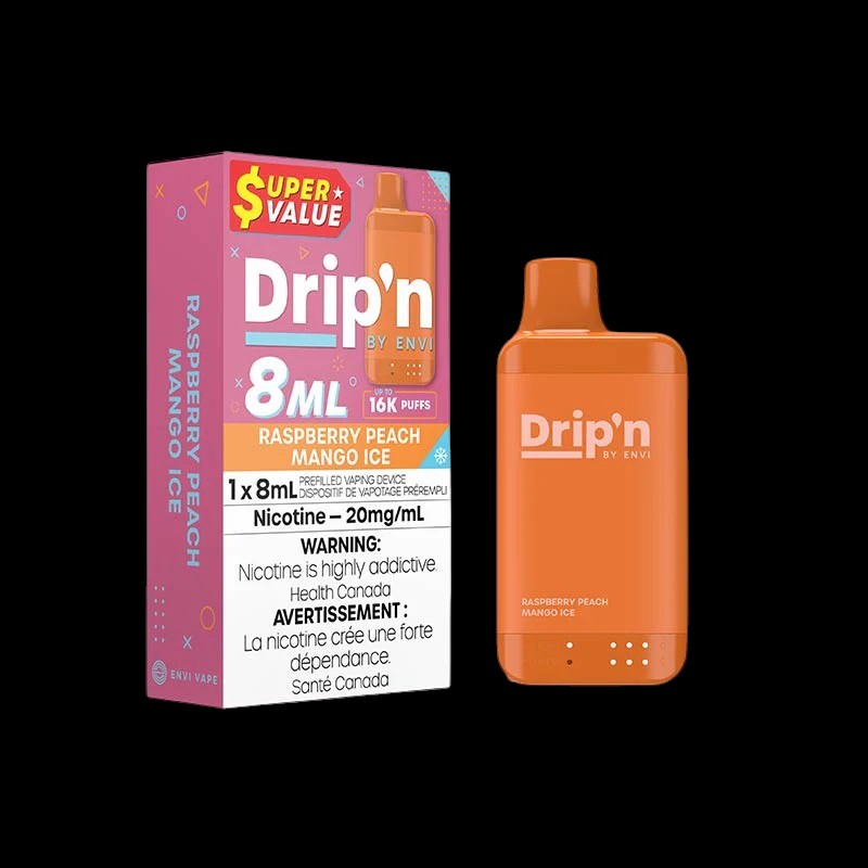 DRIP'N by Envi 8mL Disposable, Green Apple flavour disposable vape with 8mL e-liquid, adjustable airflow, rechargeable battery, designed for Ontario and Quebec vapers.
