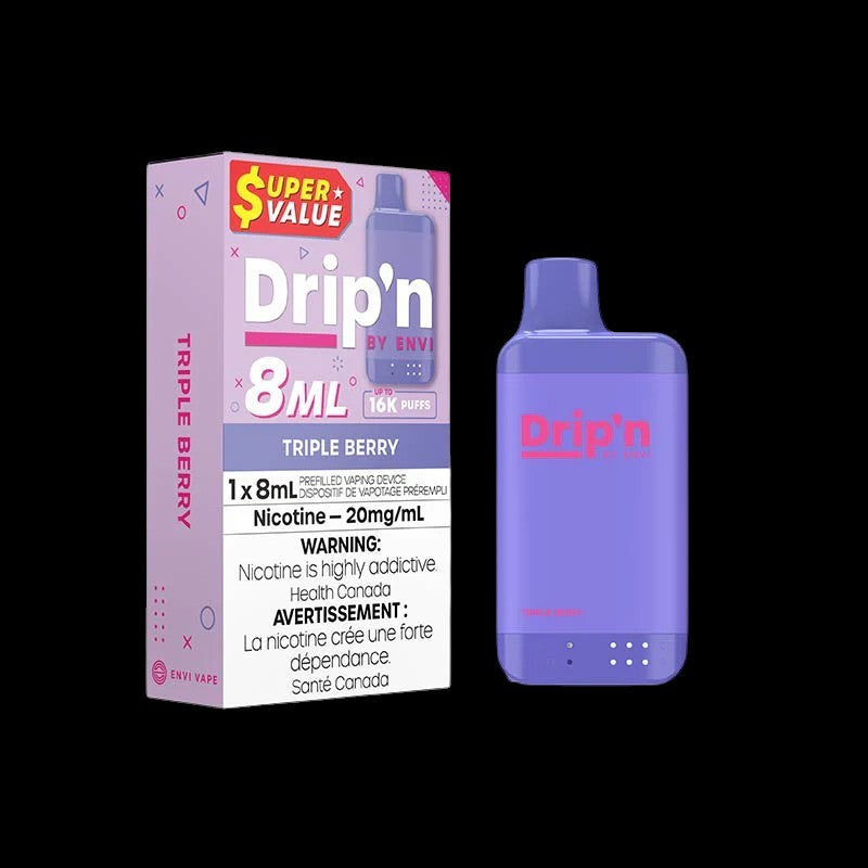 DRIP'N by Envi 8mL Disposable, Electric Fruit Blast flavour, 8mL e-liquid capacity, rechargeable battery, adjustable airflow, extended puff count, ideal for Ontario and Quebec vapers.