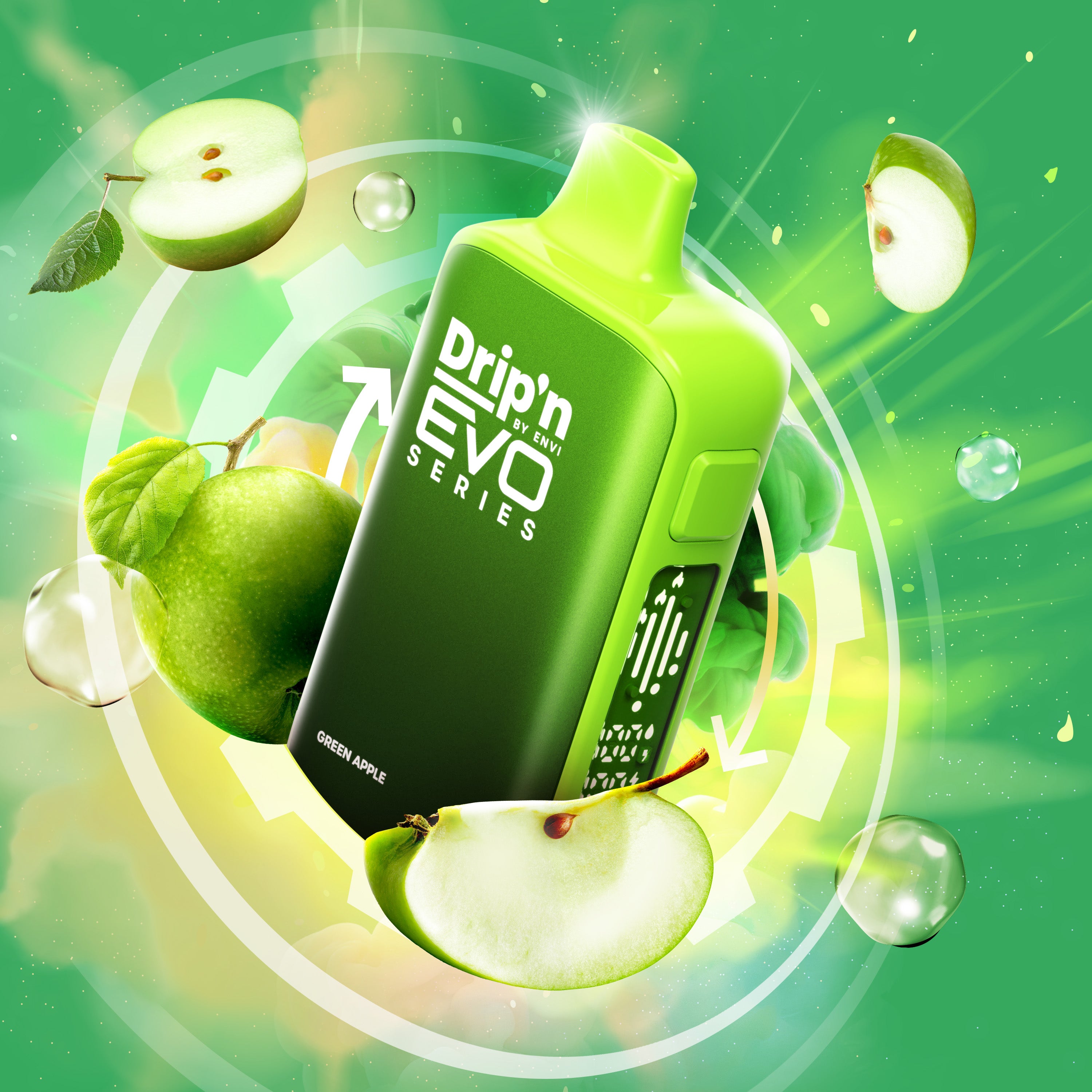Green Apple Drip'n evo 63K vape device with 'Drip'n Evo Series' branding surrounded by green apples on a green background