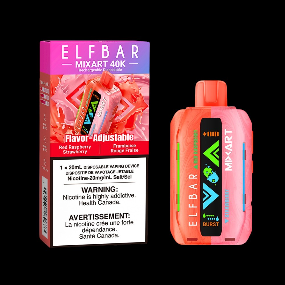 Elf Bar MixArt 40K Disposable Vape, Red Raspberry Strawberry flavour, 20mg nicotine strength, dual-flavour disposable vape designed for a bold and smooth vaping experience in Ontario and Quebec.