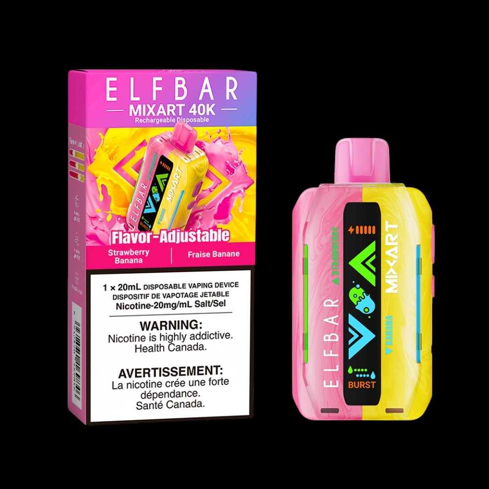 Elf Bar MixArt 40K Disposable Vape, Strawberry Banana flavour with 20mg/mL nicotine strength, features two adjustable power modes for a smooth or bold vaping experience, perfect for Ontario and Quebec vapers.