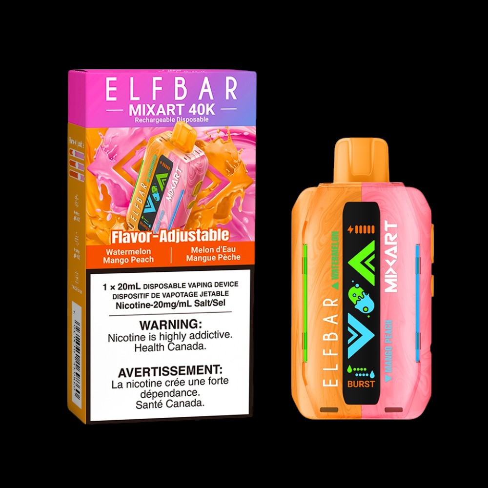Elf Bar MixArt 40K Disposable Vape, Watermelon Mango Peach flavour with 20mg/mL nicotine strength, dual-flavour customizable vaping device, designed for vapers in Ontario and Quebec.