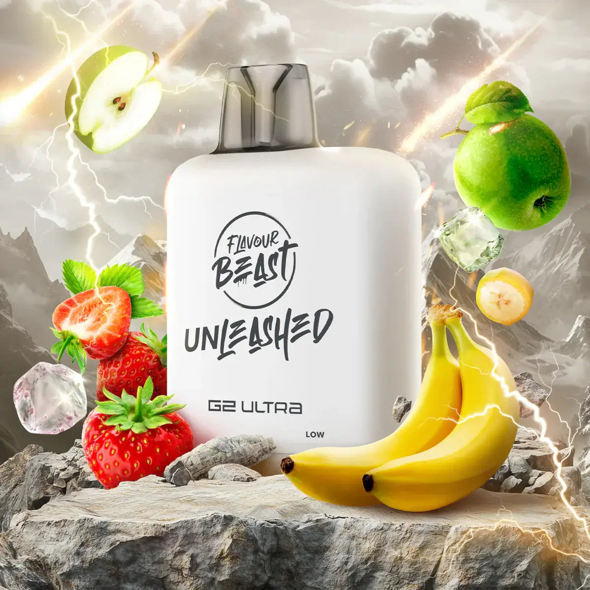 Flavour Beast Level X Unleashed Ultra G2 Pods featuring vibrant fruit flavors like strawberry, green apple, and banana.
