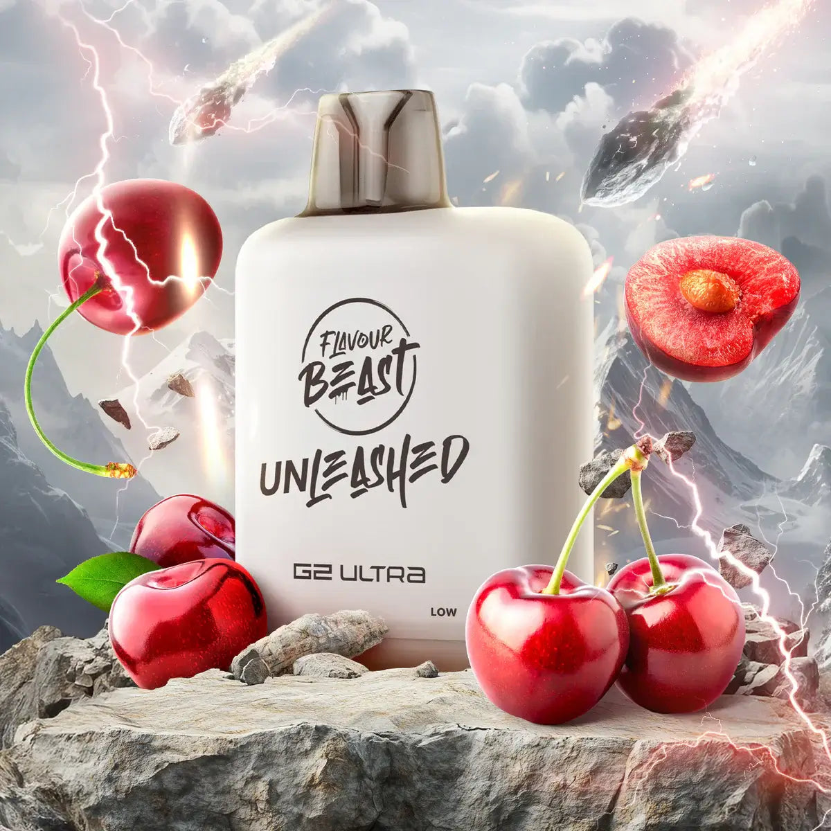 Flavour Beast Level X Unleashed Ultra G2 Pods product with cherry flavor background and striking visuals.