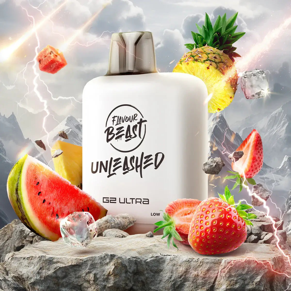 Flavour Beast Level X Unleashed G2 Ultra Pods featuring fruits and vibrant design on rocky background.