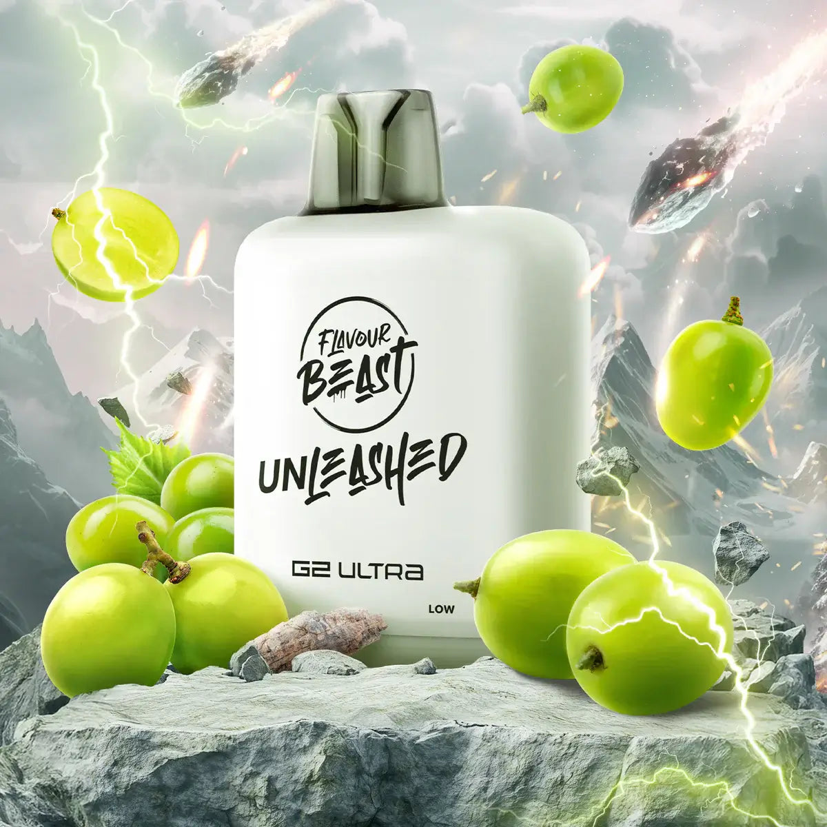 Flavour Beast Level X Unleashed G2 Ultra Pods in a dramatic backdrop with green fruits and rocky terrain.