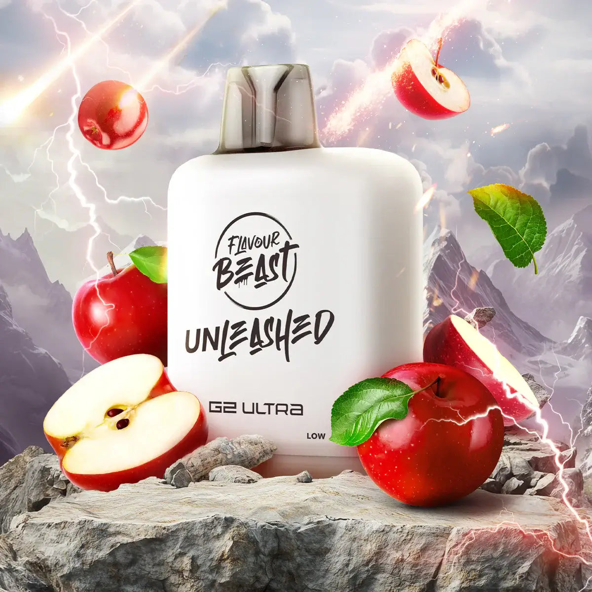 Flavour Beast Level X Unleashed G2 Ultra Pods with apples and mountain background.