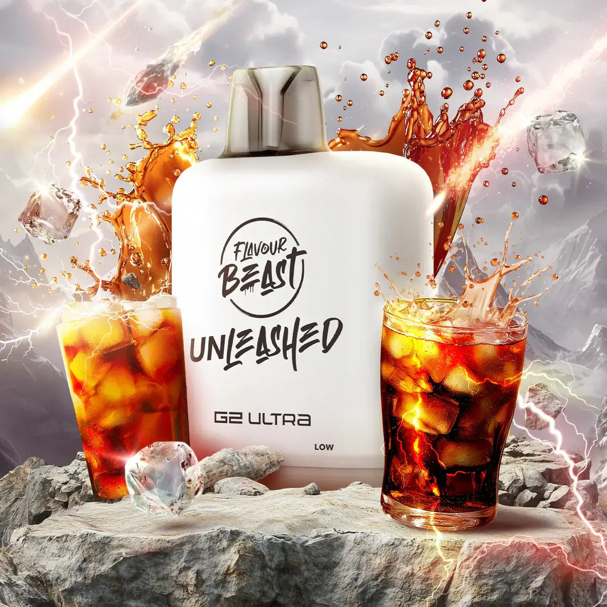 Flavour Beast Level X Unleashed G2 Ultra Pods with splash drinks and ice cubes in a dynamic scene.