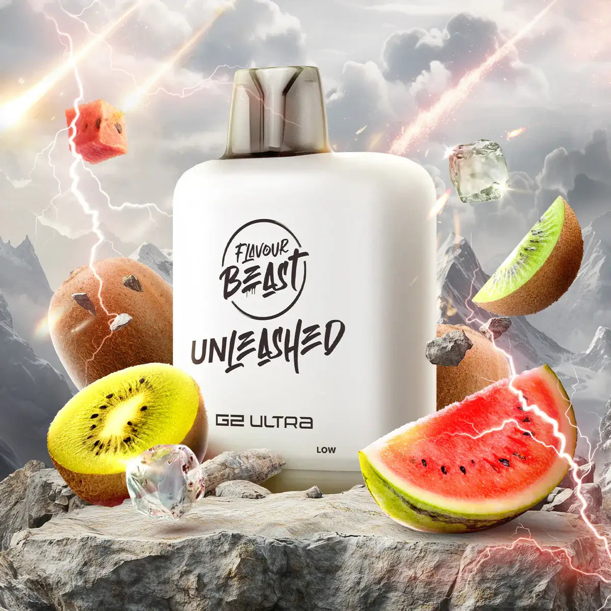 Flavour Beast Level X Unleashed Ultra G2 Pods with tropical fruits and ice on rocky background