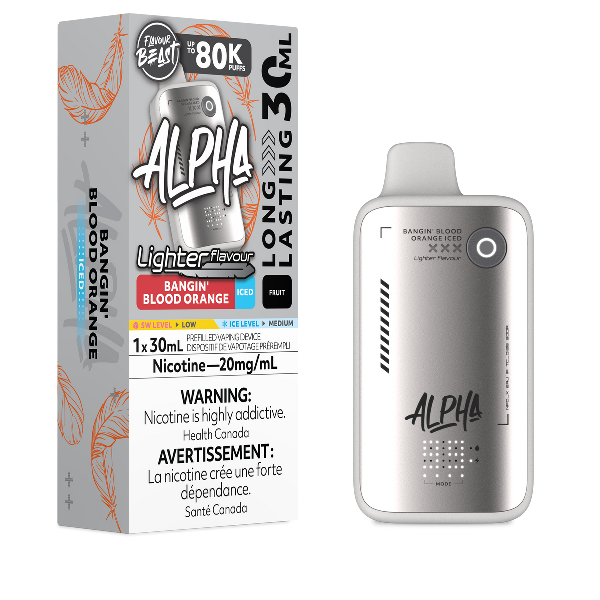 Flavour Beast Alpha LIGHT 80K disposable vape in Banging Blood Orange Iced flavour, 80,000 puffs, 20mg salt nicotine, available at Supa Vapes Canada.