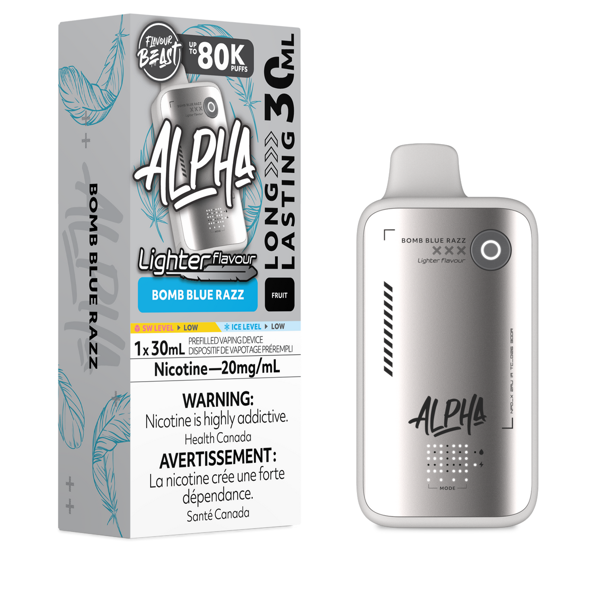 Flavour Beast Alpha LIGHT 80K disposable vape in Bomb Blue Razz flavour, 80,000 puffs, 20mg salt nicotine, available at Supa Vapes Canada.