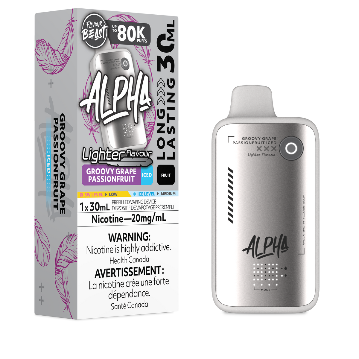 Flavour Beast Alpha LIGHT 80K disposable vape in Groovy Grape Passion Fruit Iced flavour, 80,000 puffs, 20mg salt nicotine, available at Supa Vapes Canada.