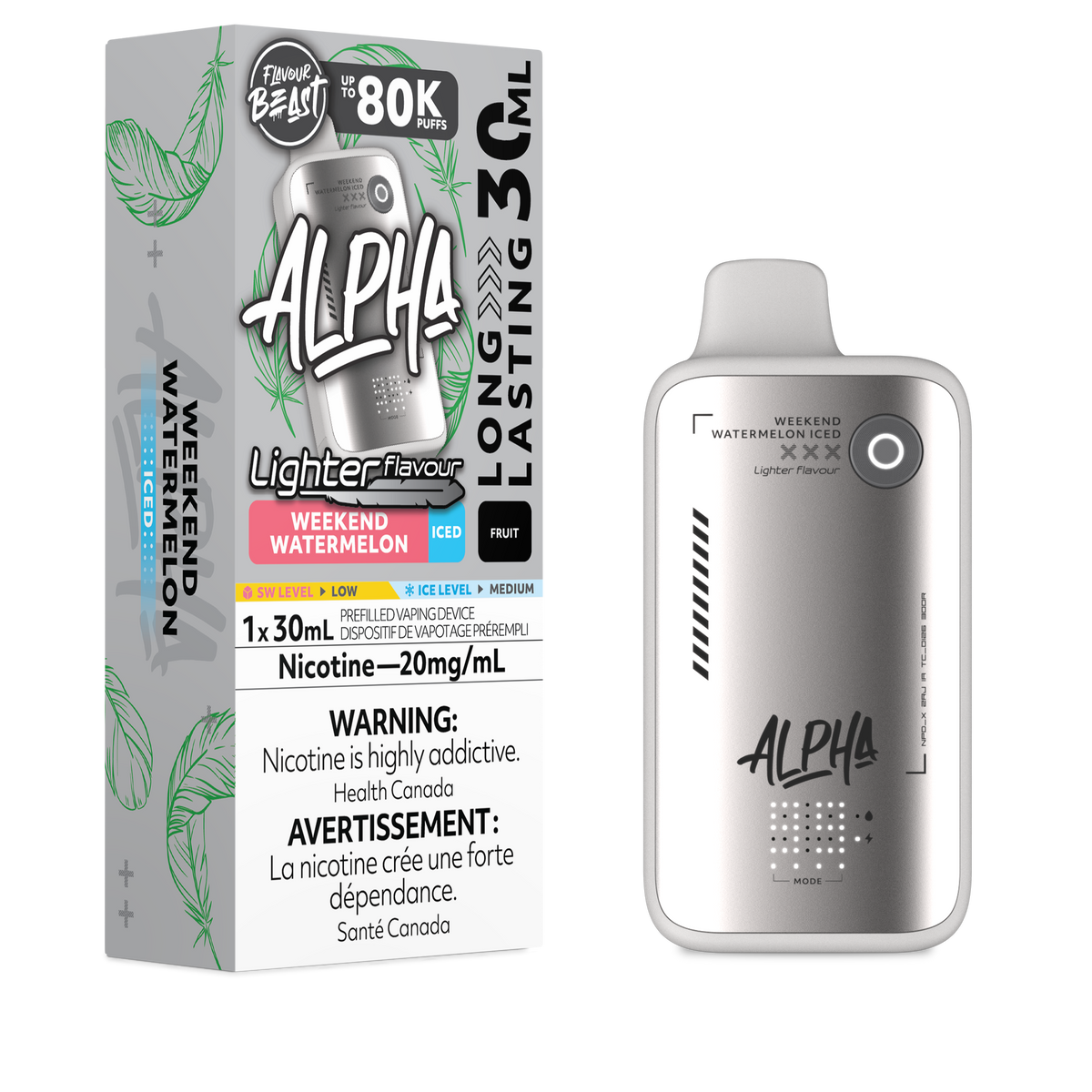 Flavour Beast Alpha LIGHT 80K disposable vape in Weekend Watermelon Iced flavour, 80,000 puffs, 20mg salt nicotine, available at Supa Vapes Canada.