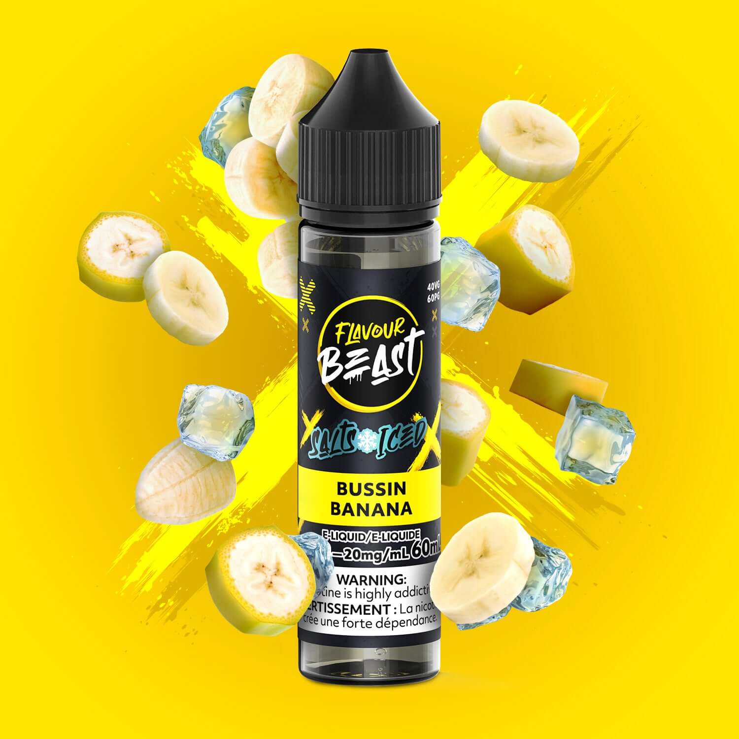 Flavour Beast E-Liquid - Salt Iced 60mL, Blazin' Banana Blackberry flavour, 20mg/mL nicotine strength, bold and smooth vape experience, specially formulated for Ontario and Quebec vapers.
