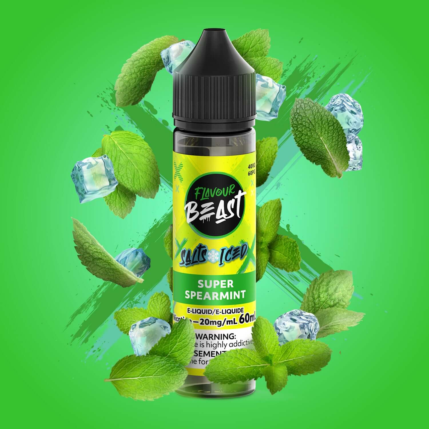 Flavour Beast E-Liquid - Salt Iced 60mL, Extreme Mint Iced flavour, 20mg/mL nicotine salt strength, smooth and refreshing vape, perfect for Ontario and Quebec customers.