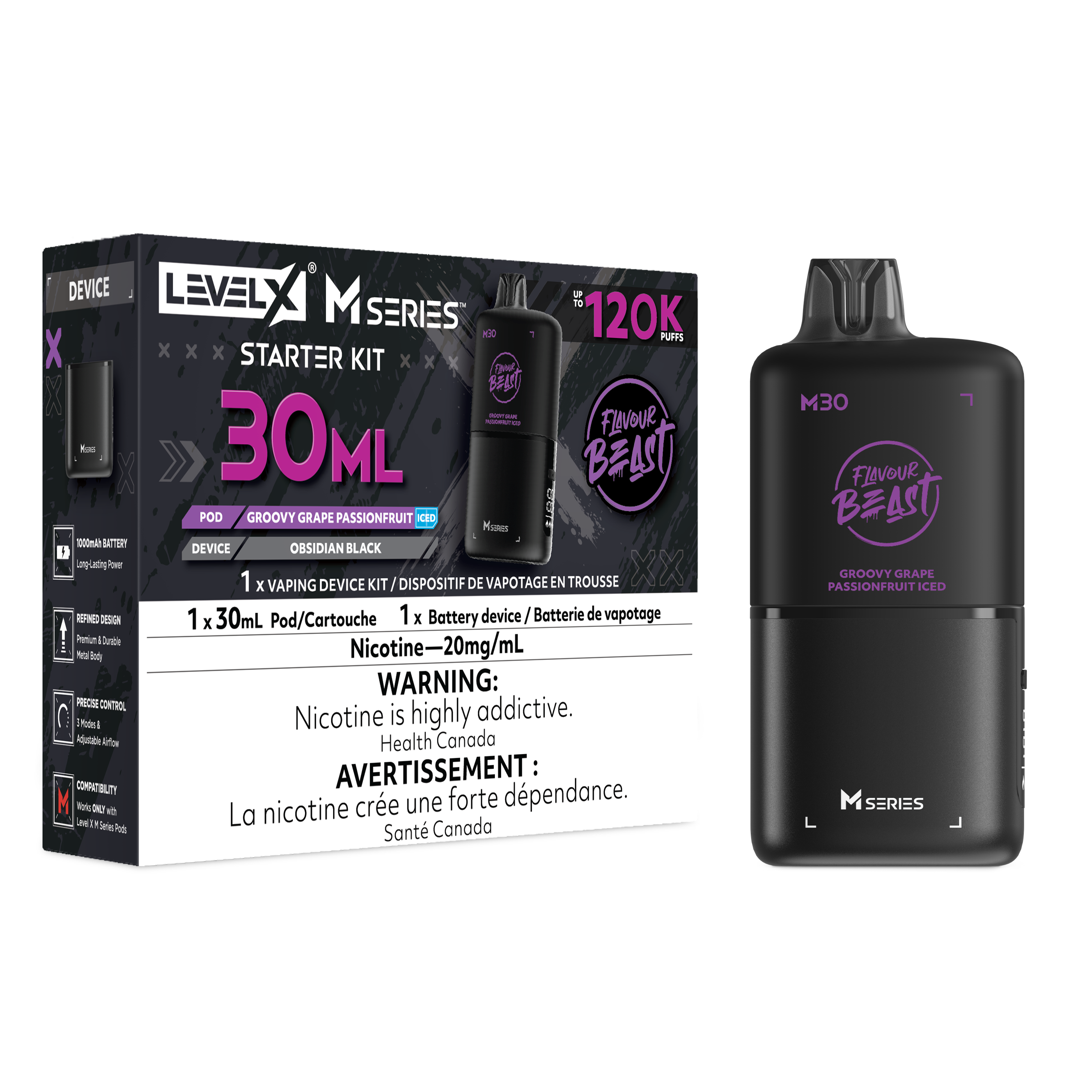 Flavour Beast Level X M Series Starter Kit 30mL Groovy Grape Passionfruit Iced - Supa Vapes