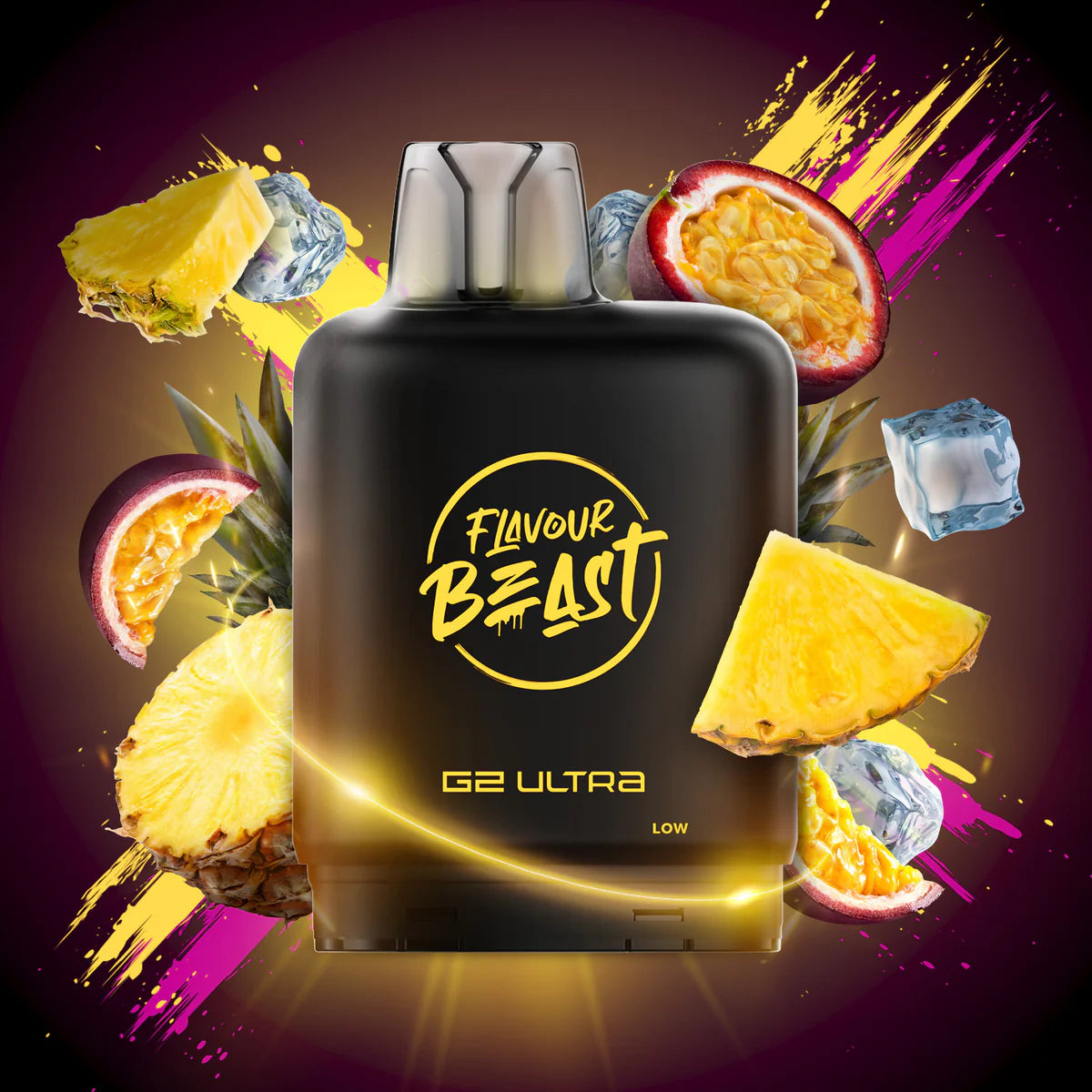 Flavour Beast Level X G2 Ultra Pod displayed with fruits like pineapple and passionfruit for a vibrant vaping experience.