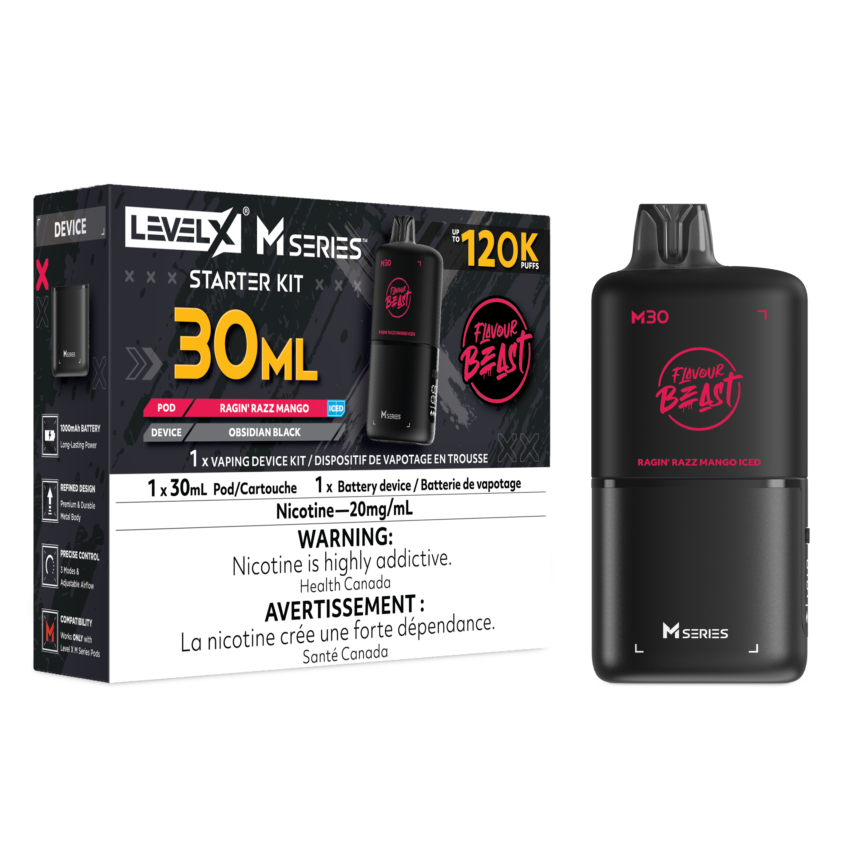 Flavour Beast Level X M Series Starter Kit 30mL Ragin' Razz Mango Iced - Supa Vapes