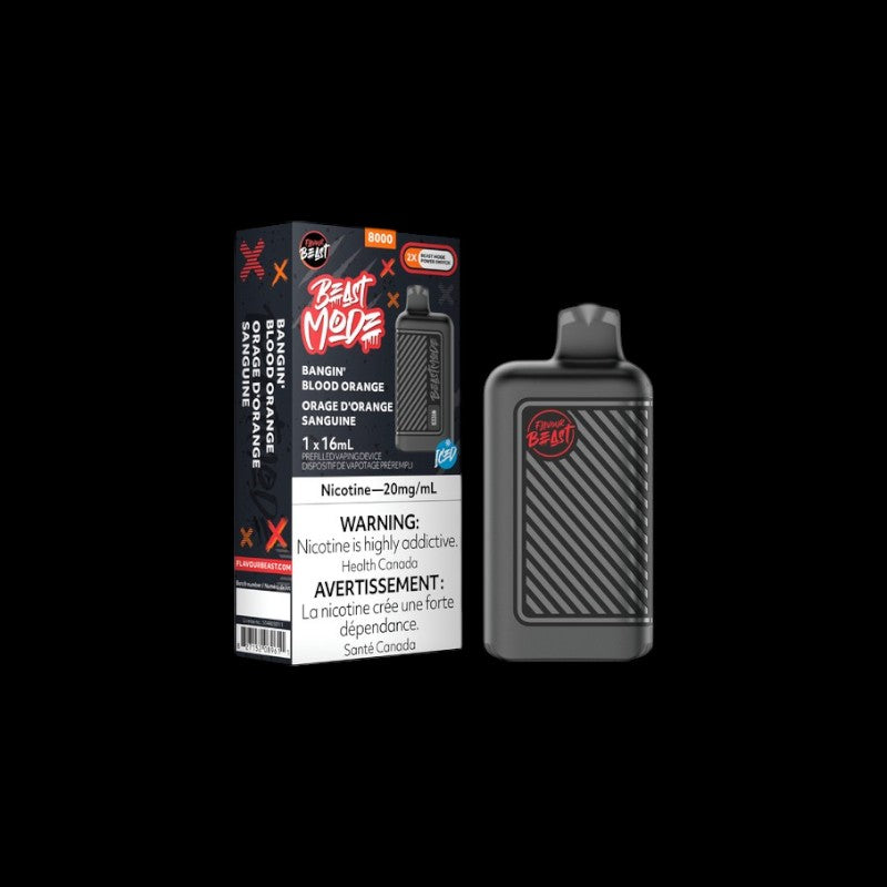 Flavour Beast Beast Mode Disposable, Bangin' Blood Orange Iced flavour, bold citrus iced freshness with up to 8000 puffs, disposable vape device, ideal for Ontario and Quebec vape enthusiasts.