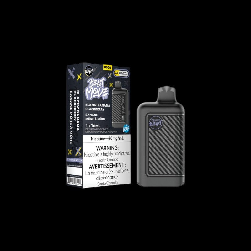 Flavour Beast Beast Mode Disposable, Blazin' Banana Blackberry Iced flavour, high-performance vape with 8000 puffs, Beast Mode option, perfect for Ontario and Quebec vapers.