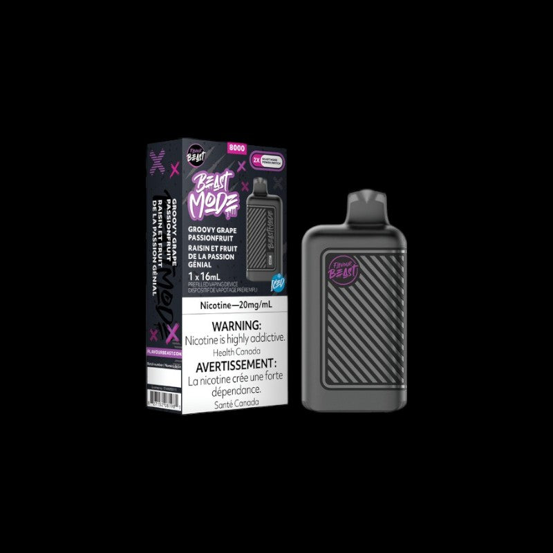 Flavour Beast Beast Mode Disposable, Groovy Grape Passionfruit Iced flavour, high-performance disposable vape, designed for Ontario and Quebec vapers.