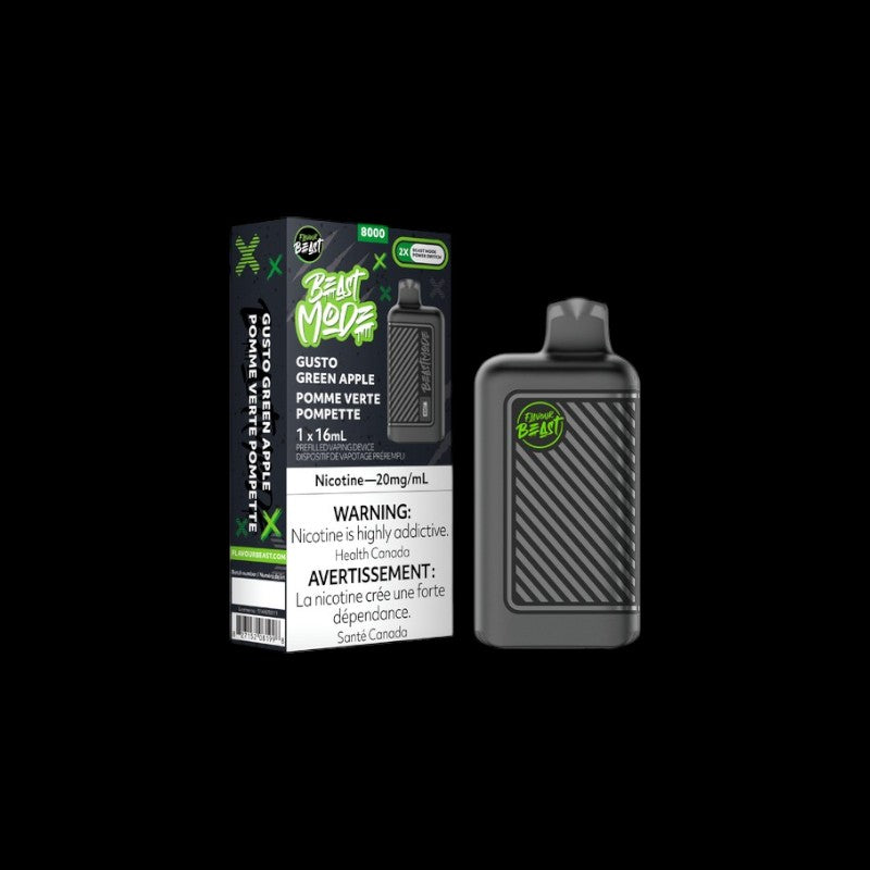 Flavour Beast Beast Mode Disposable, Gusto Green Apple flavour, high-performance disposable vape with Beast Mode and Standard Mode options, designed for Ontario and Quebec customers.
