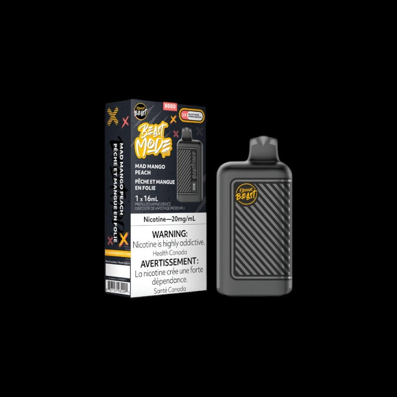 Flavour Beast Beast Mode Disposable, Mad Mango Peach flavour, up to 8000 puffs, customizable vaping modes, ideal for vape enthusiasts in Ontario and Quebec.