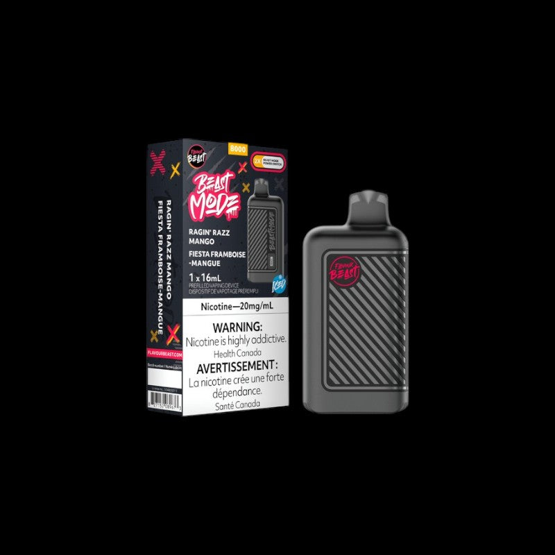 Flavour Beast Beast Mode Disposable, Ragin' Razz Mango Iced flavour, intense and adaptable vaping modes, perfect for Ontario and Quebec vapers.