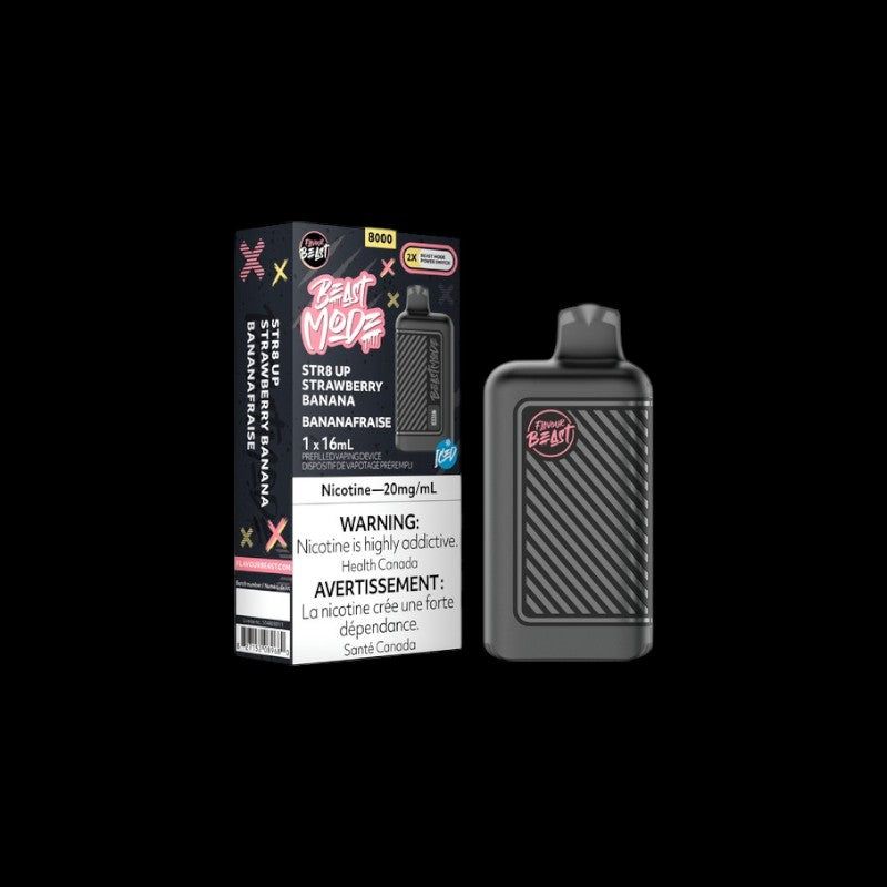 Flavour Beast Beast Mode Disposable, STR8 UP Strawberry Banana Iced flavour, refreshing fruity ice hits, long-lasting disposable vape perfect for Ontario and Quebec vapers.