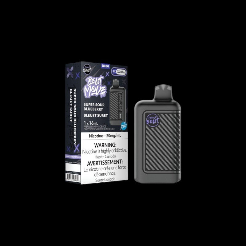 Flavour Beast Beast Mode Disposable, Super Sour Blueberry Iced flavour, 8000 puffs capacity disposable vape, perfect for Ontario and Quebec vapers.