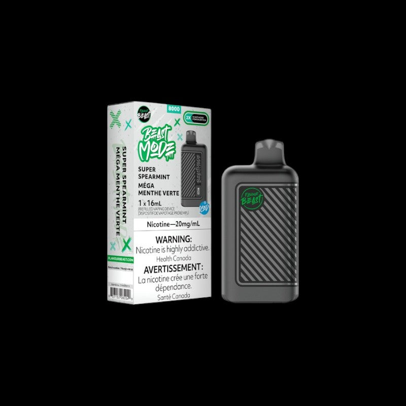 Flavour Beast Beast Mode Disposable, Super Spearmint Iced flavour, powerful Beast Mode vaping, disposable vape device, available for Ontario and Quebec customers.