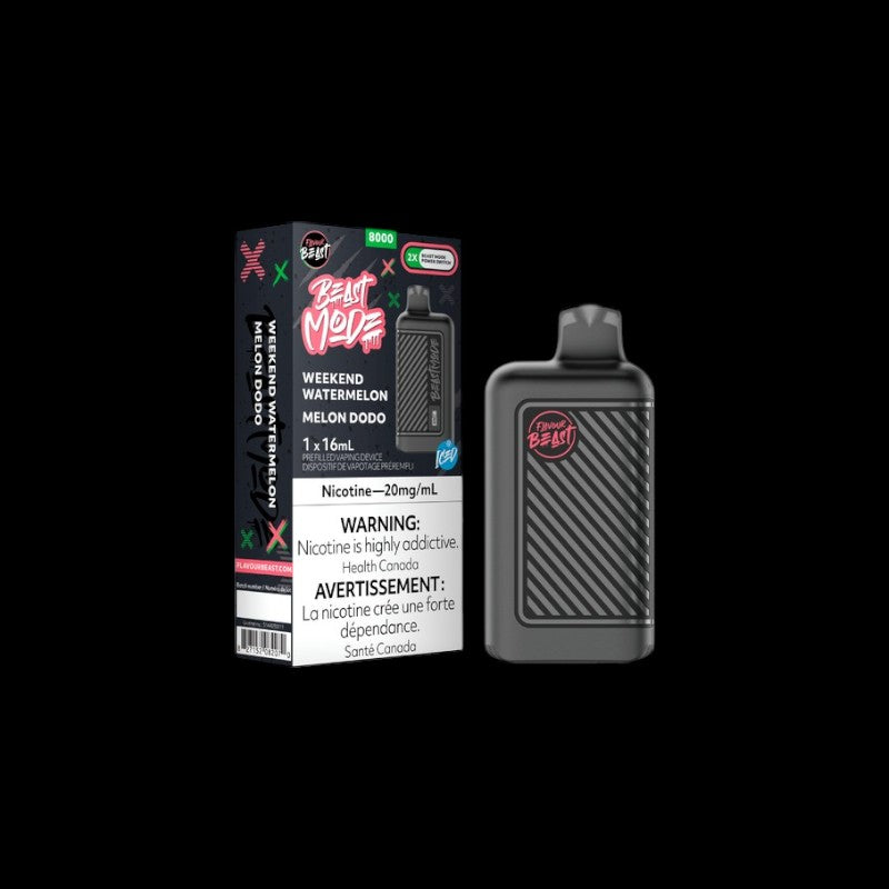 Flavour Beast Beast Mode Disposable, Weekend Watermelon Iced flavour, refreshing watermelon with cool icy finish, disposable vape ideal for flavour lovers in Ontario and Quebec.