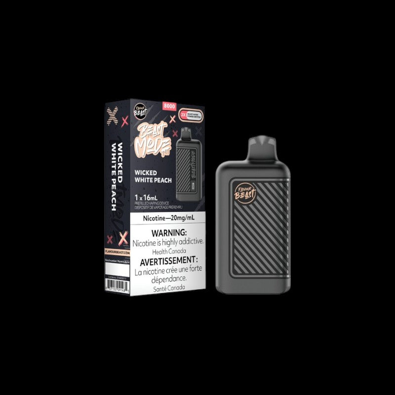 Flavour Beast Beast Mode Disposable, Wicked White Peach flavour, up to 8000 puffs, powerful vaping experience, ideal for Ontario and Quebec customers.