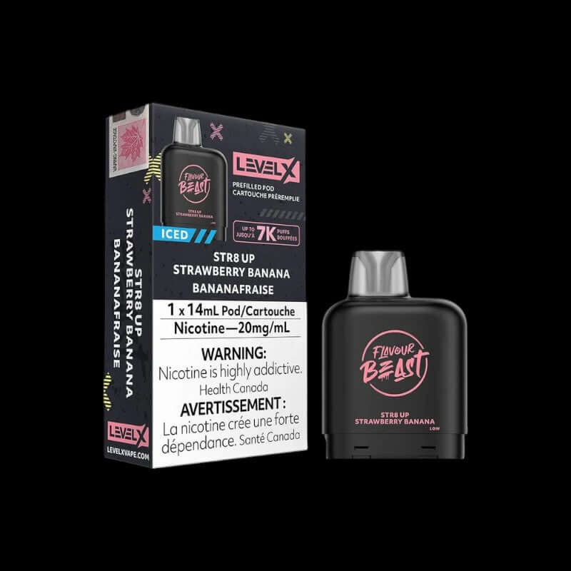 Level X Pod – 7K Puffs, Str8 up Strawberry Banana flavour pod with 20mg salt nicotine, engineered for bold taste and extended use, ideal for Ontario and Quebec vapers.