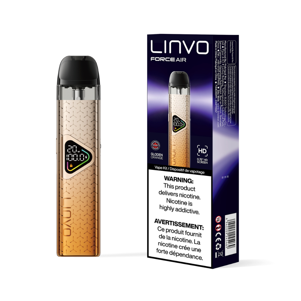 LINVO Force Air vape device and packaging on a white background with Golden Orange color