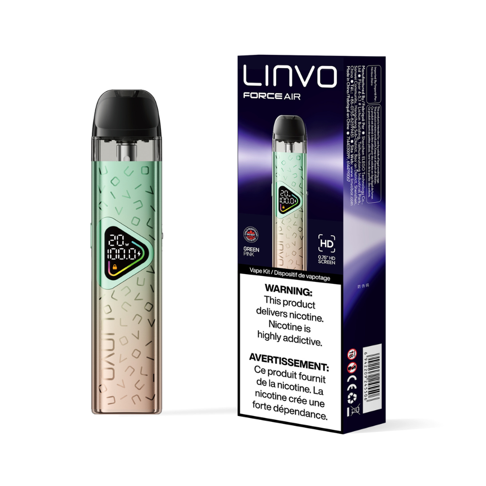 LINVO Force Air vape device and packaging on a white background with Green Pink color