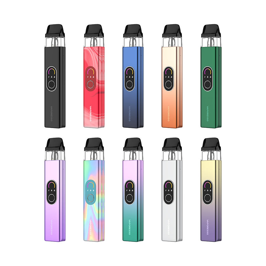 VAPORESSO XROS 4 Pod Kit, Black color, includes 0.4Ω and 0.8Ω mesh pods for rich flavor and all-day vaping, designed for Ontario and Quebec users.