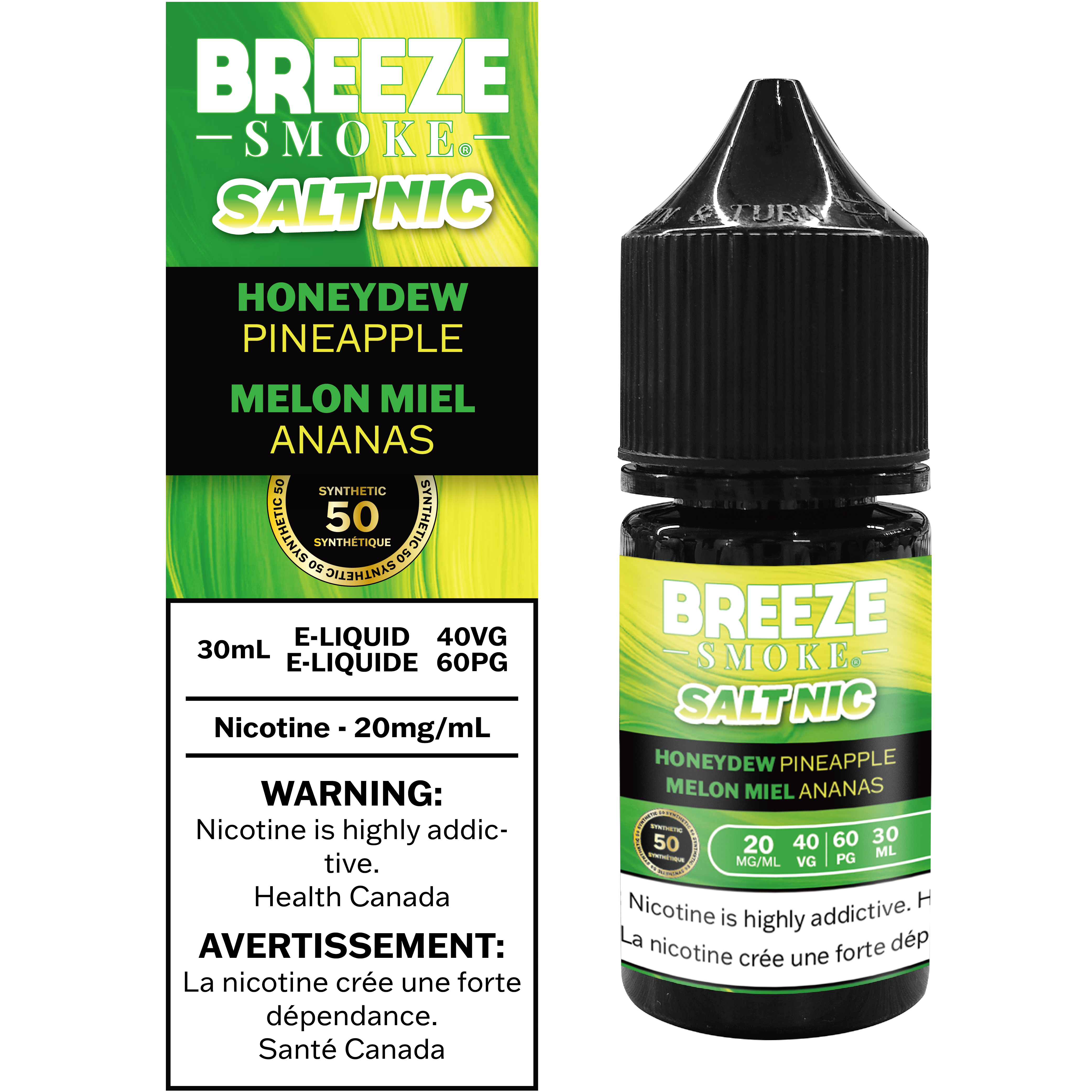 Breeze Smoke Salt Nic bottle and packaging with honeydew pineapple melon flavor on a white background
