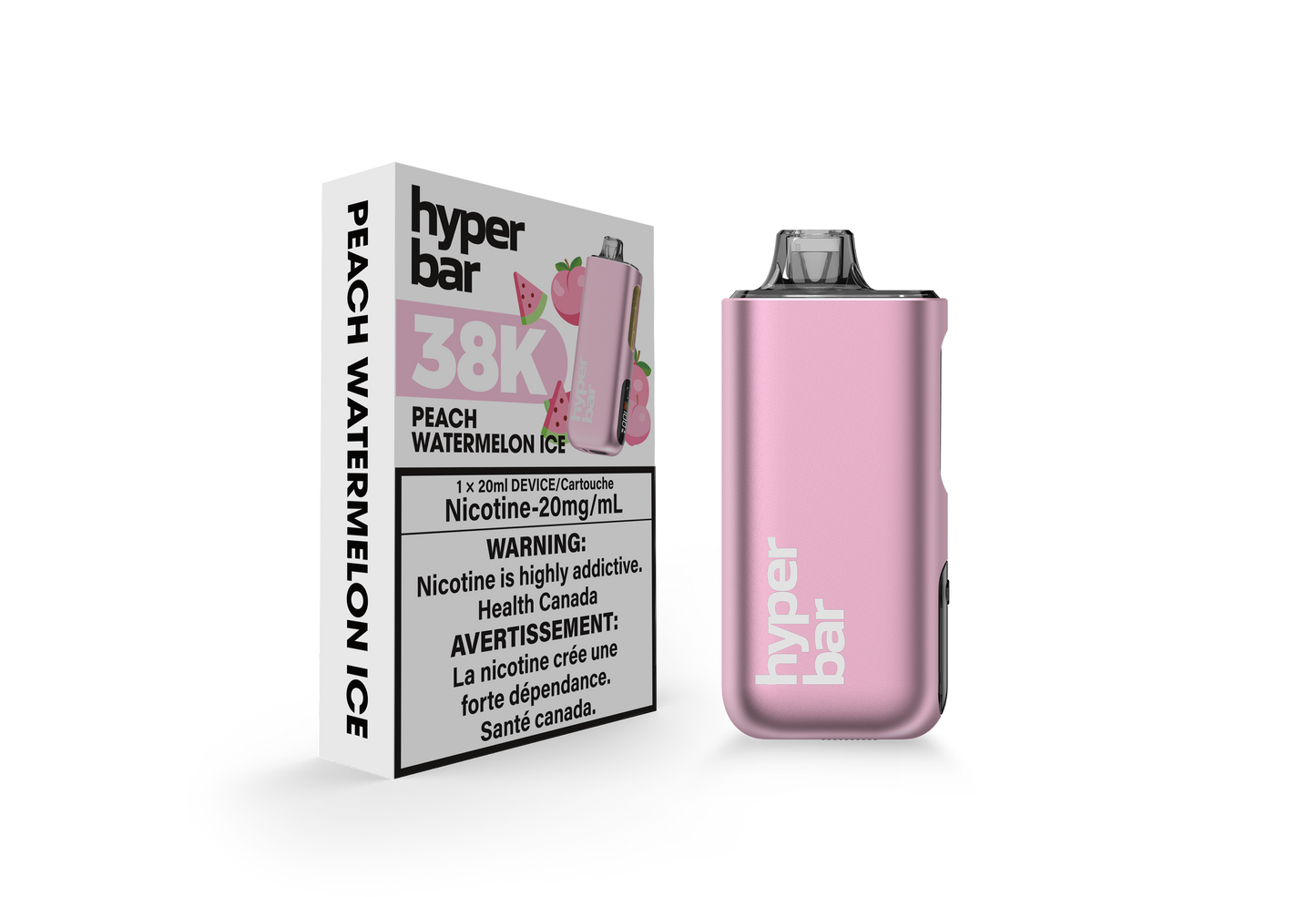 Hyperbar BE38000 disposable vape, Cherry Lime flavor, rechargeable USB-C, adjustable power modes, high puff capacity, designed for Ontario and Quebec vapers.