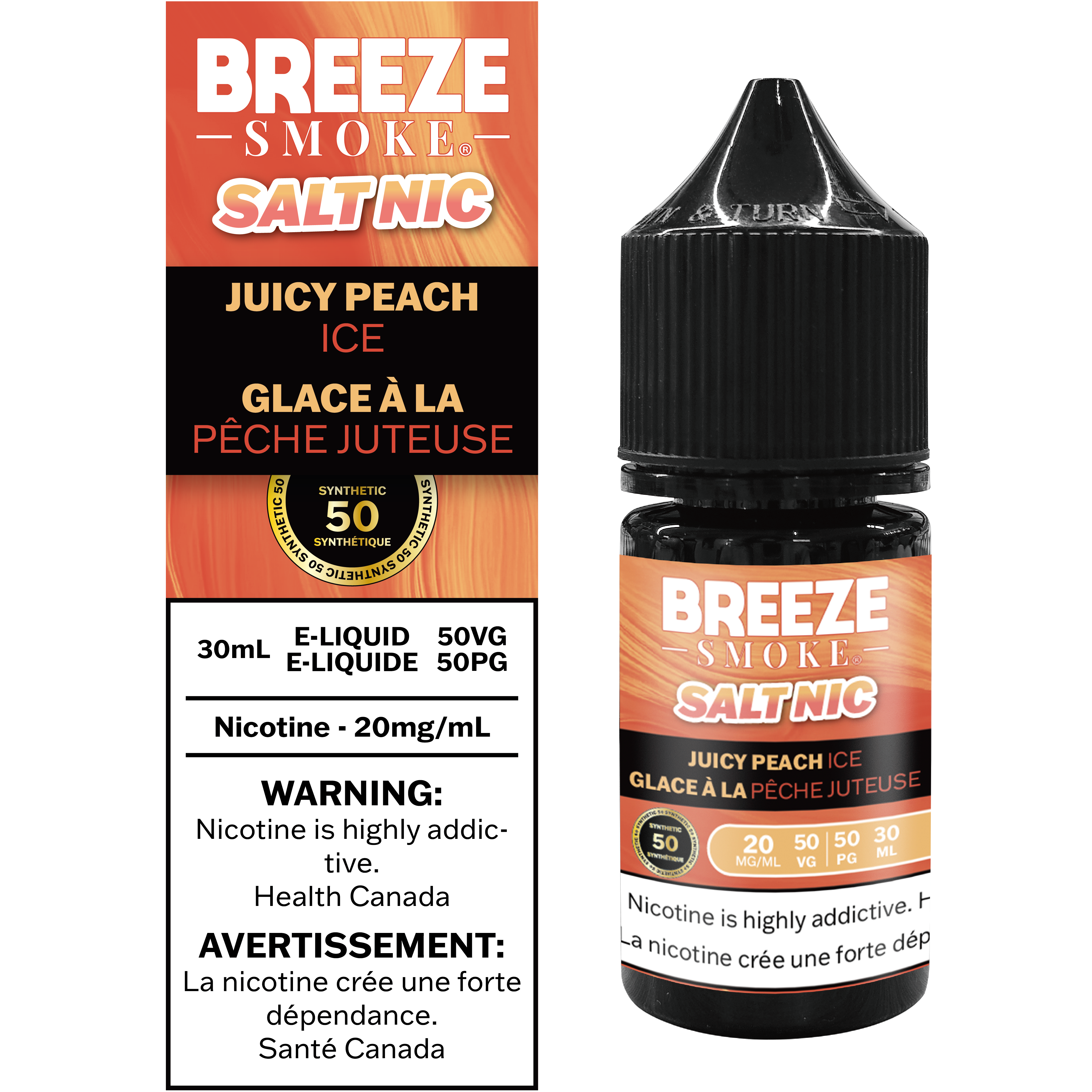 Breeze Smoke Salt Nic Juicy Peach Ice e-liquid bottle and packaging on a white background
