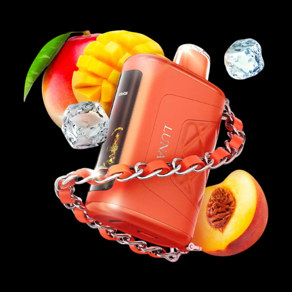 Amber Peach Mango Ice KRAZE Luna disposable vape – disposable vape with a tropical peach and mango blend with ice, available in Ottawa, Hawkesbury, and Ontario.