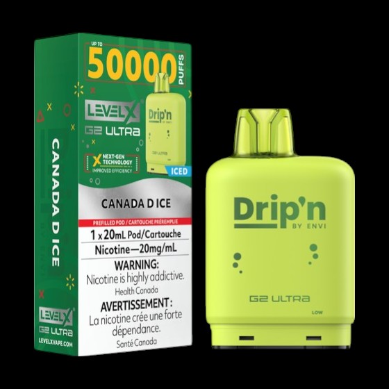 Level X Drip'n G2 Ultra Pod, Canada D Ice flavour, high-capacity pre-filled vape pod with dual mesh coil technology, designed for smooth and long-lasting vaping experience, ideal for Ontario and Quebec customers.