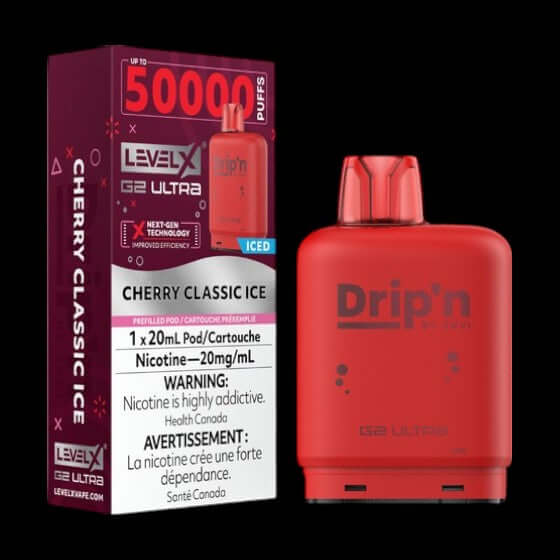 Level X Drip'n G2 Ultra Pod, Cherry Classic Ice flavour, smooth and refreshing hits, premium performance pod for Ontario and Quebec vapers.