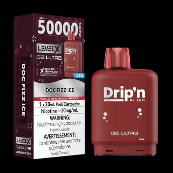 Level X Drip'n G2 Ultra Pod, Doc Fizz Ice flavour, high-capacity vaping pod with dual mesh coils and adjustable airflow for enhanced flavour, designed for Ontario and Quebec users.