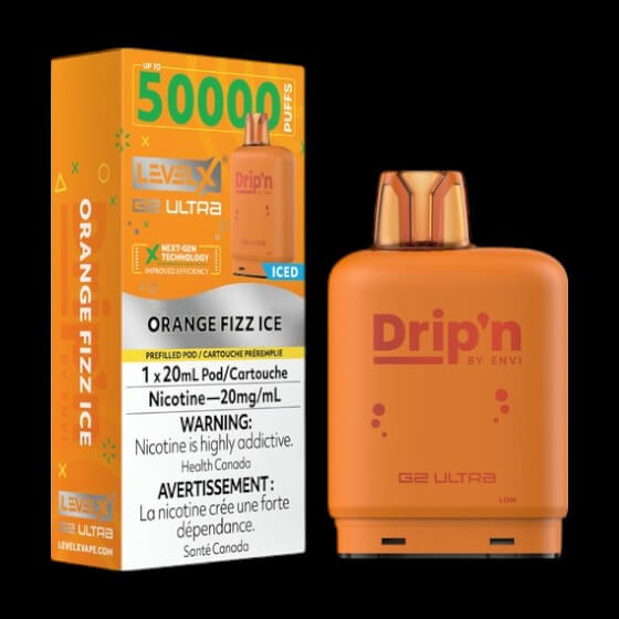 Level X Drip'n G2 Ultra Pod, Orange Fizz Ice flavour, refreshing and vibrant vaping experience with advanced technology, designed for Ontario and Quebec vapers.