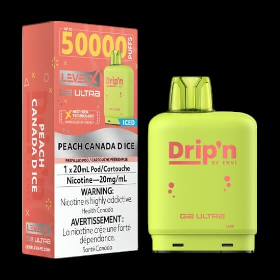 Level X Drip'n G2 Ultra Pod, Peach Canada D Ice flavour, high-capacity pre-filled pod with advanced airflow and dual mesh coil, powerful and convenient vaping device ideal for Ontario and Quebec vapers.